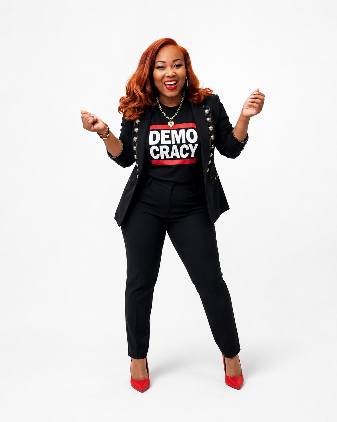 Hannah Naomi Jones, founder of The Advocacy League, in a DEMOCRACY tee